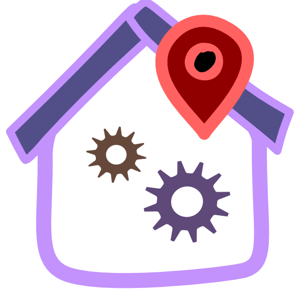 2 gears with curved white arrows around them indicating motion sit inside a house-shaped frame. The frame is purple with a dark purple roof. Overlapping with the frame but originating inside it is a red location pin. The image has light line art.